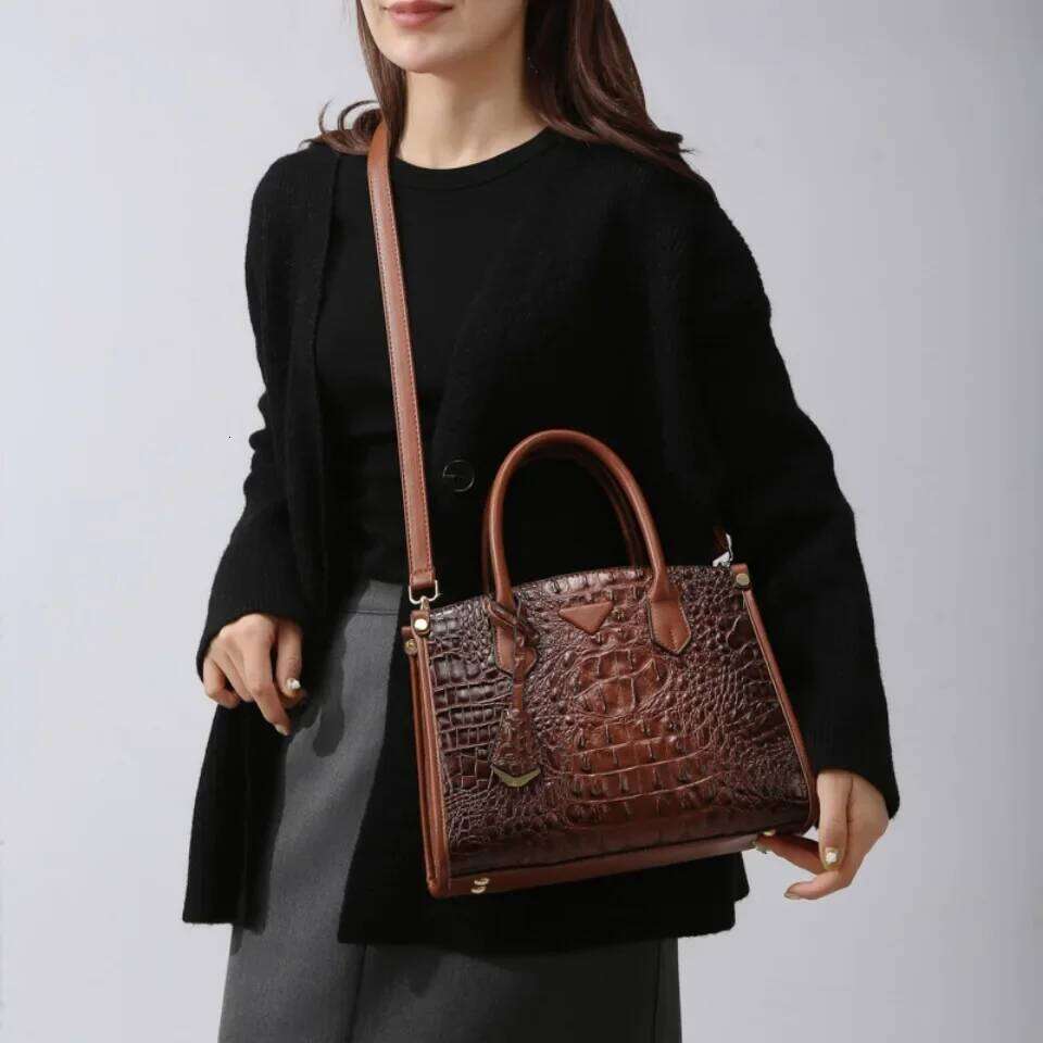 Women's Large Top-Handle Vintage Crocodile Designer Shoulder Quality Leather Crossbody Bag Messenger Commuter Sac A Main