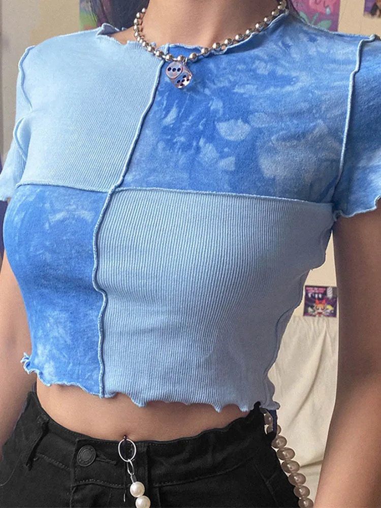 Chic Crop Tops Tees Tie Dye With Sequin Patchwork Women Summer Tshirts Ruffles Hem Purple Or Bule Clothes 250724