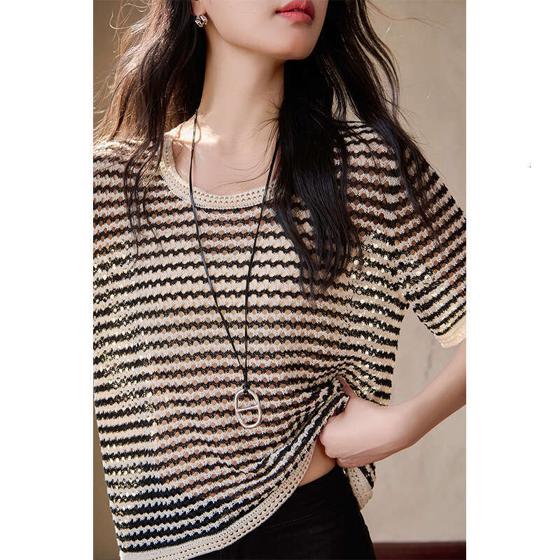 sxzy Summer New Round Neck Mulberry Silk Striped T-Shirt Loose Short Sleeve Hollow Out Slimming High-End Feel Women's Top