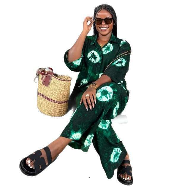 Plus Size Women's Printed Casual Long Sleeve Shirt And Pants Fashionable Two-Piece Set For Women B5