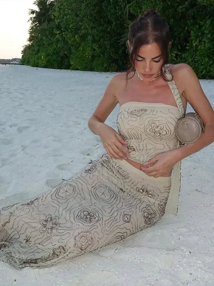 Elegant Womens Beaded Halter Top Skirt Set Sexy Sleeveless Printed 2piece High Waist Long Beach Party Club Outfit 250729