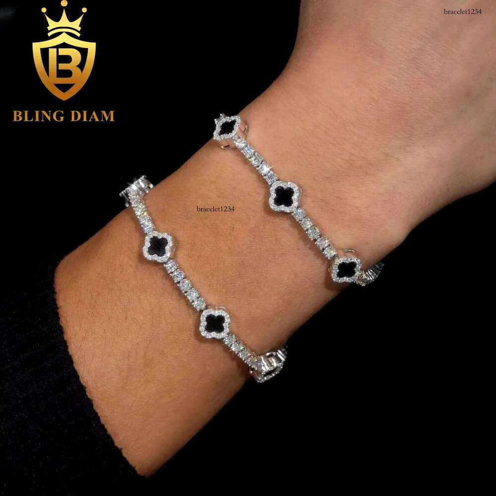 Fashion Black Clover Tennis Chain Sier 3mm Moissanite Pass Dia test Hip Hop Bracelet