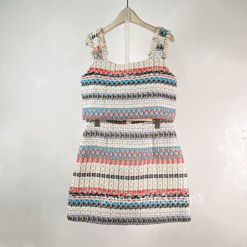 Internet Celebrity Little Fragrance Style Summer New French Texture Petite Heightening Slim Strap Short Skirt Two-Piece Set for Women