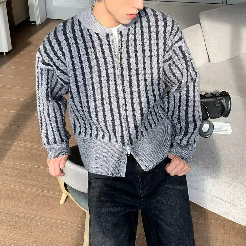 Trendy Twist Crochet Knitting Sweater Coats Men Autumn Fashion Slim Knit Cardigan Tops Mens Casual O Neck Zipup Jackets 250729
