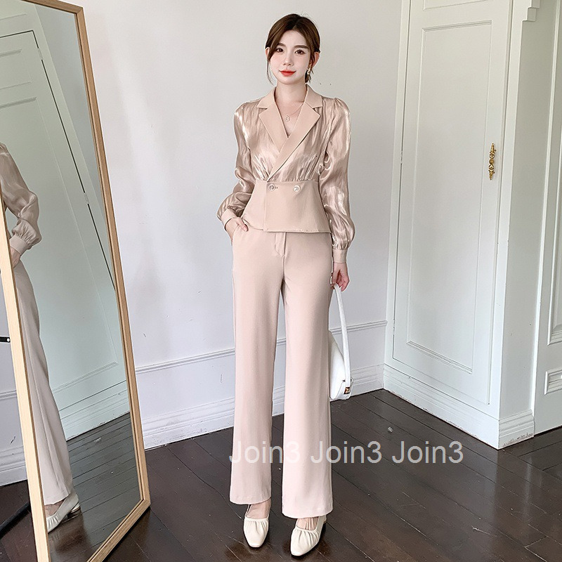 Spring and Autumn Socialite Professional Suit Womens Fashion Slim Fit Long Sleeve Blouse + Long Pants Set