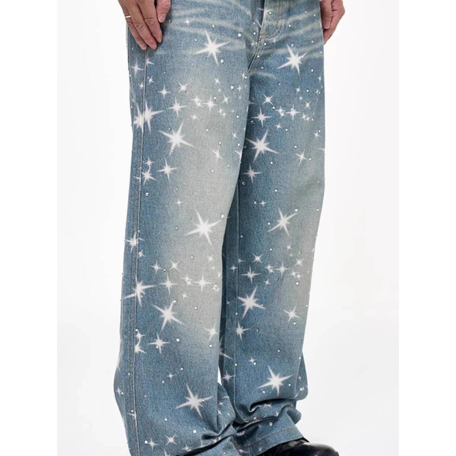 Washed Cleanfit Digital Print Hot Stamping Casual Men Straight Leg Pants Fashion Dia Inlay Distressed Trousers Jeans
