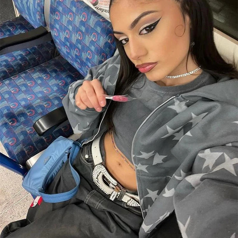 Women Hoodies Gothic Vintage Hip Hop Grunge Jacket Star Print Zip Up Coat Casual Harajuku Loose Sweatshirt Clothes Y2K Tops 250729