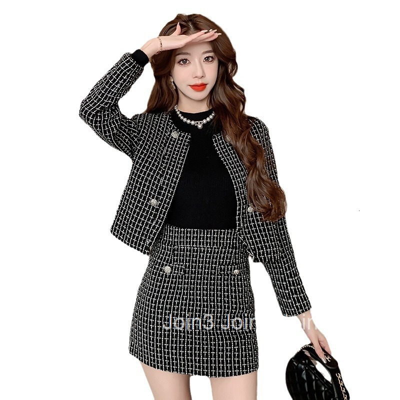 Spring New Womens French Tweed Houndstooth Short and Long Sleeve Jacket Top and Half Skirt Two-Piece Set