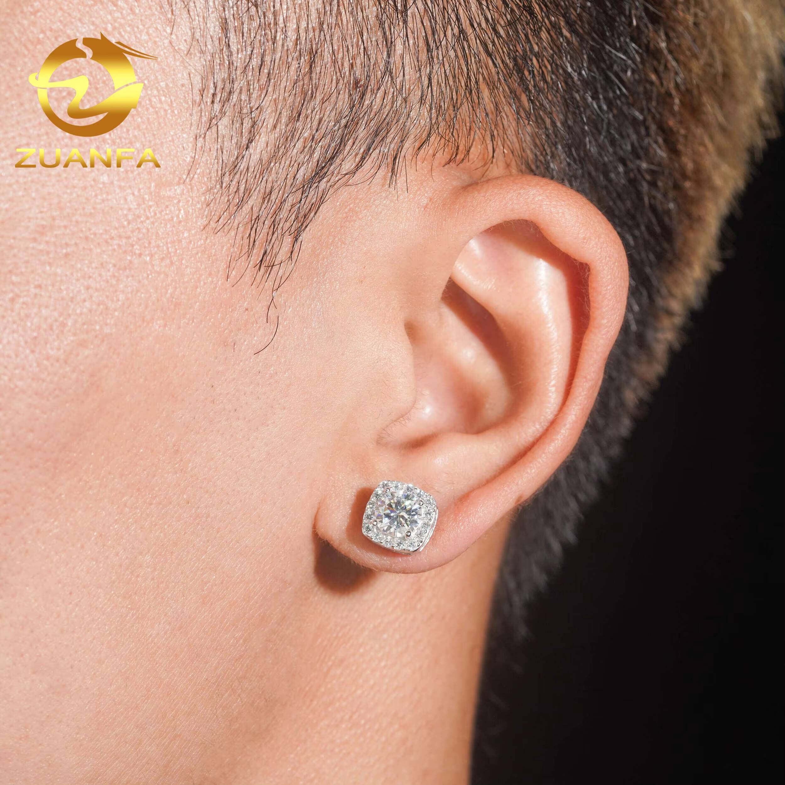 Wholesale Price High Quality Halo Design Square Hip Hop 925 Silver Iced Out Moissanite Earrings