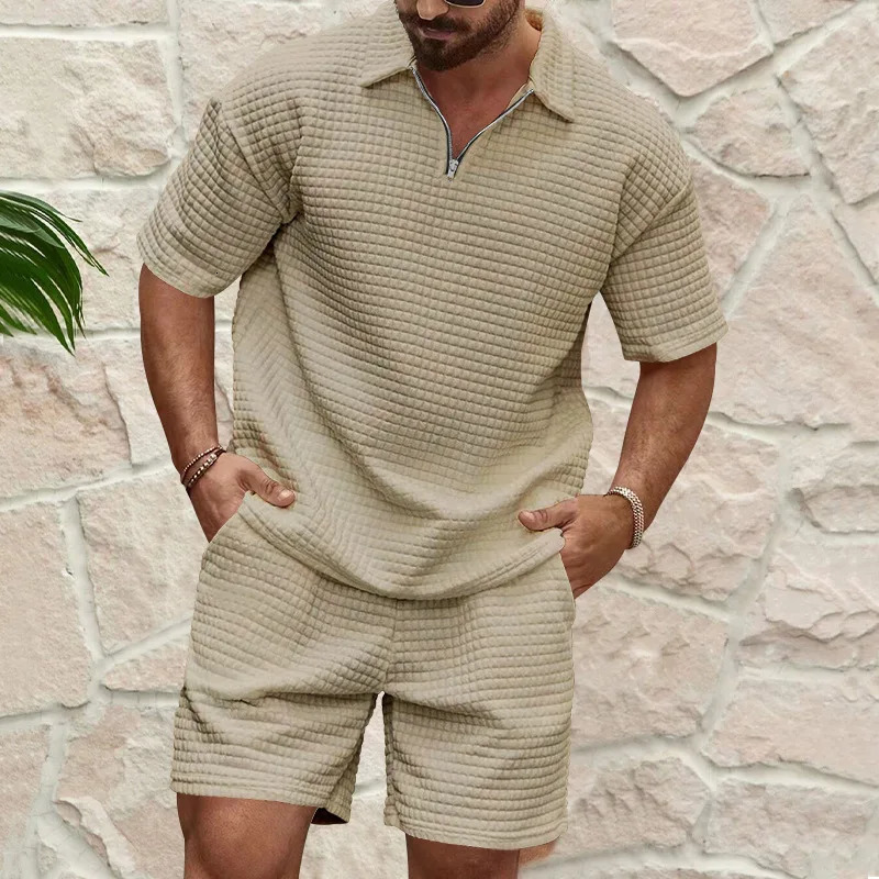 European and American Mens Spring Summer Trends Youth Outdoor Lapel Small Plaid Short Sleeve Shorts Sports Suit 250729