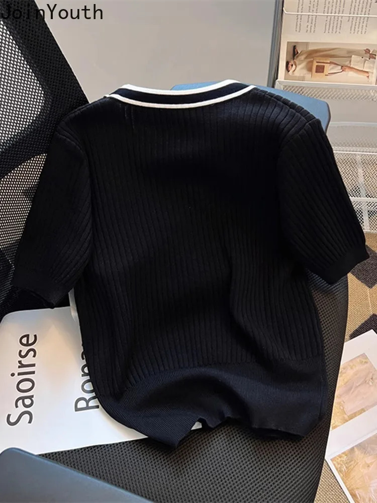 Vneck Short Sleeve Knitted Woman Tshirts 2025 Ropa Mujer Single Breasted Tunic Summer Tees Casual Fashion Korean White T Shirt 250724