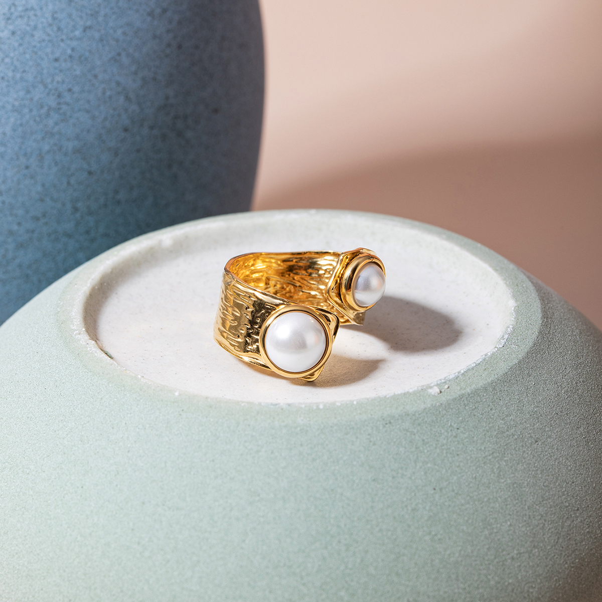 Fashion 18k Gold Plated Stainless Steel Irregular Twisty Open Ring Inlay Pearl Metal Texture Geometric High Quality Charm Jewelry