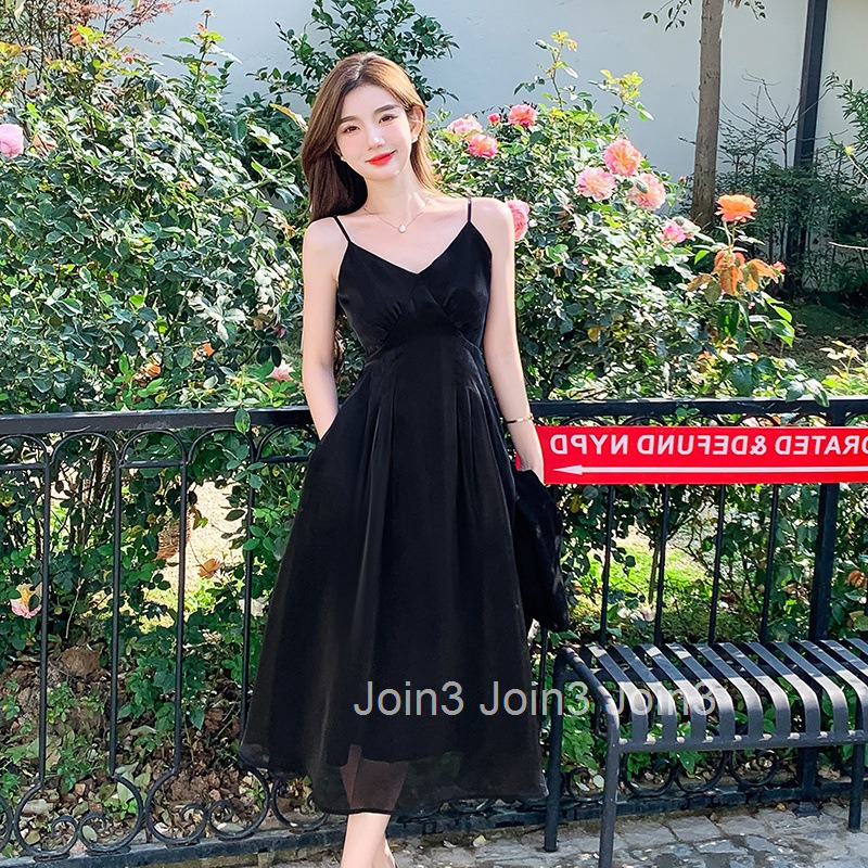 New French Style Elegant High-Waisted Strap Dress Slim Waist High-Length Dress V-Neck A-Line Dress