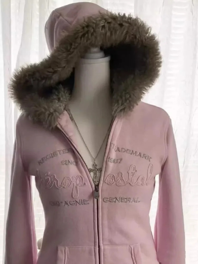 Vintage Fur Patchwork Hoodies Autumn Winter Grunge Zipper Hooded Coats Slim Fashion Y2K Letter Print Sweatshirt Jackets 250729