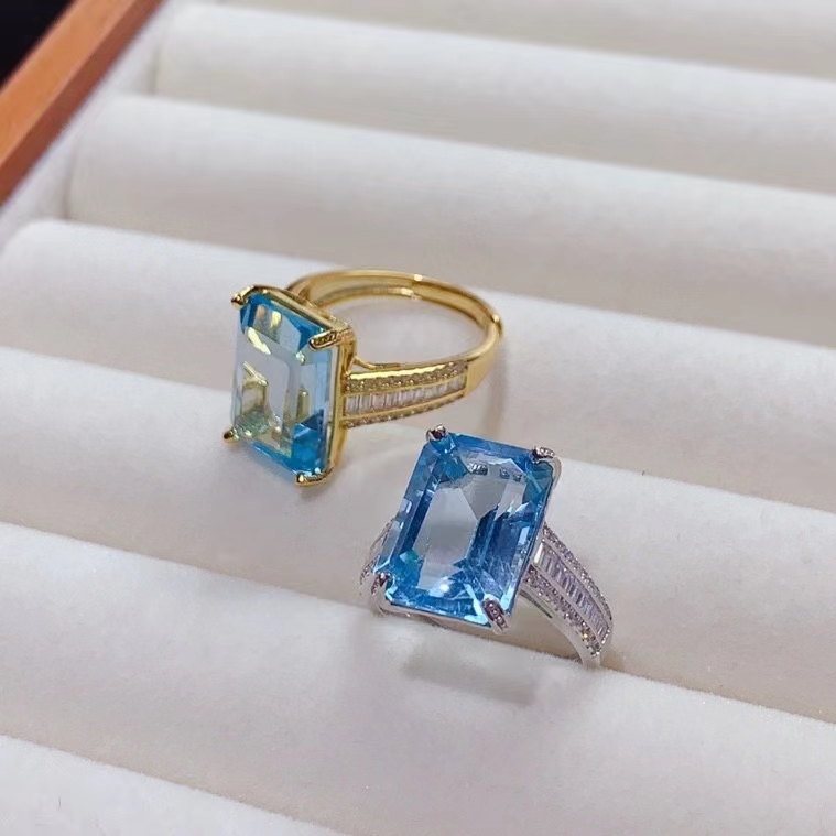 Light Blue Topaz Ring for Engagement 10mm*14mm 6ct Natural Topaz Wedding Ring Keep Shining 3 Layers 18K Gold Plated Silver Jewelry