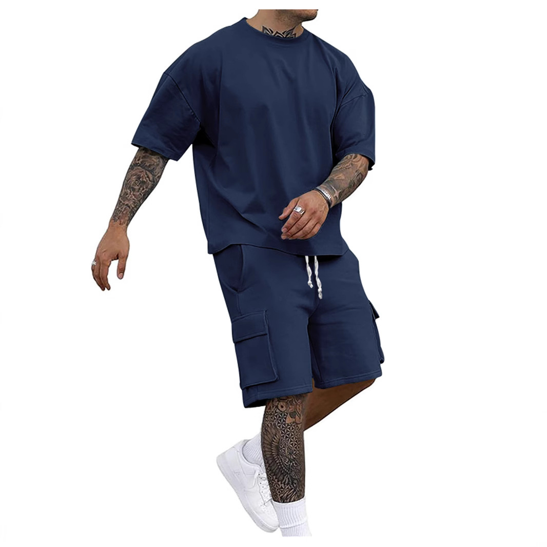 Mens summer loose fashion casual sports mens T-shirt short sleeved shorts two-piece set