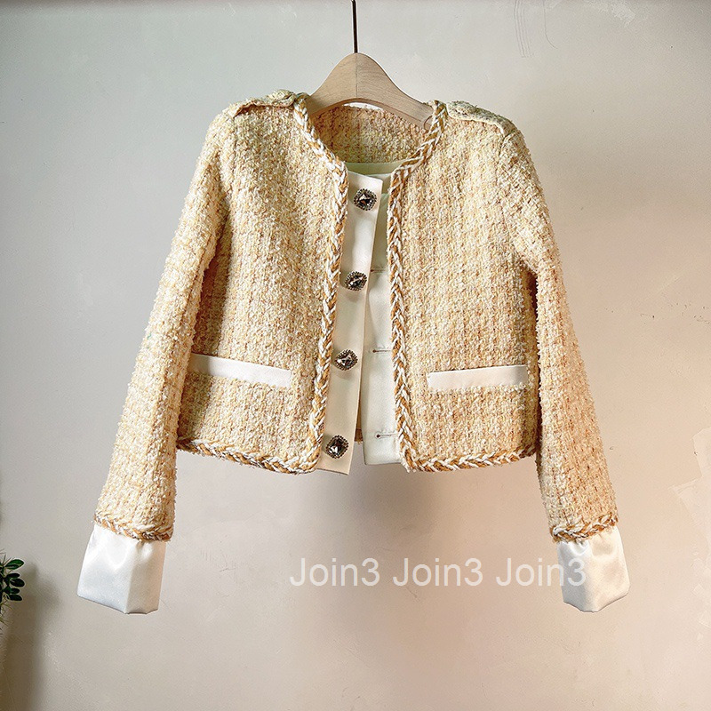 New Spring Autumn Winter French Style Small Fragrance Coat for Women Elegant Single Row Diamond Button Patchwork Edge Long Sleeve Short Coat for Women