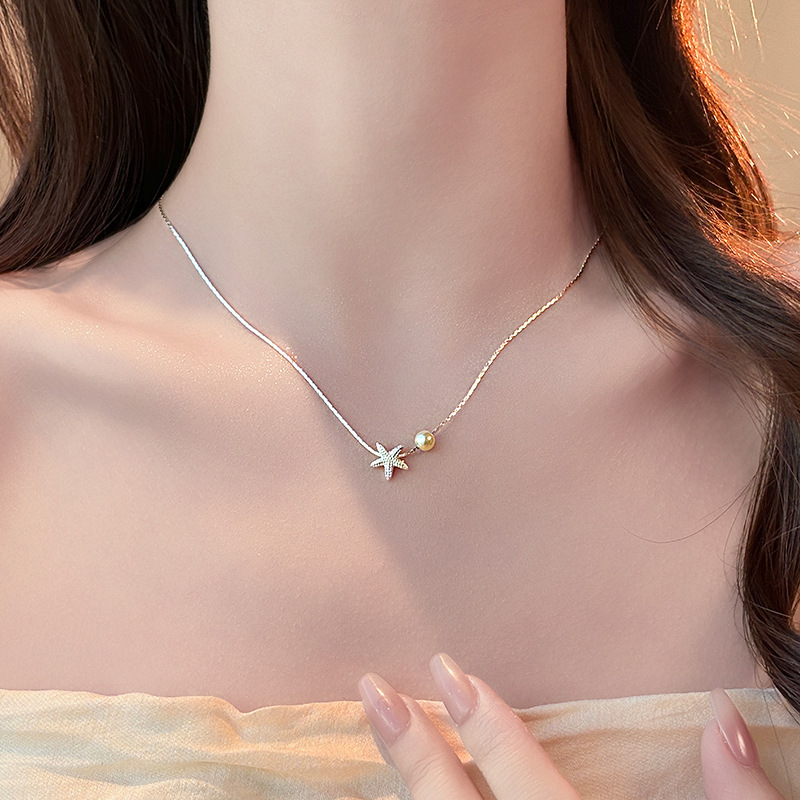 2025 New Small Star Pearl Pendant Sier Necklace for Women High-end Light Niche Design Collarbone Chain Jewelry Jewelry for Women