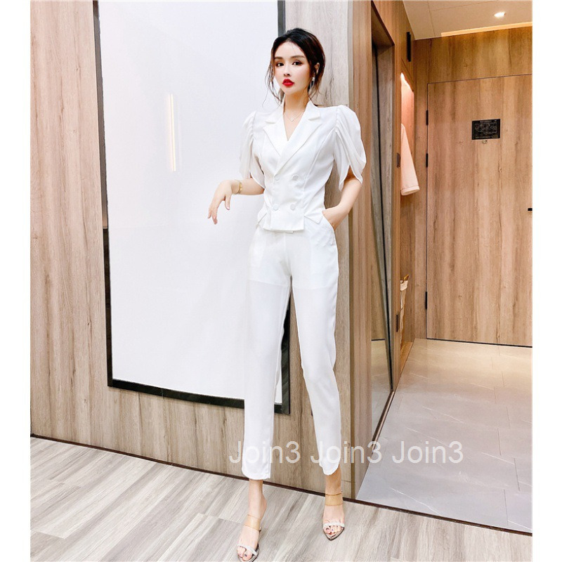 Summer New Fashionable Elegant Professional Two-Piece Set with Turn-Down Collar Double-Breasted Stylish Mid-Sleeve Top Slimming Long Pants Suit for Wo