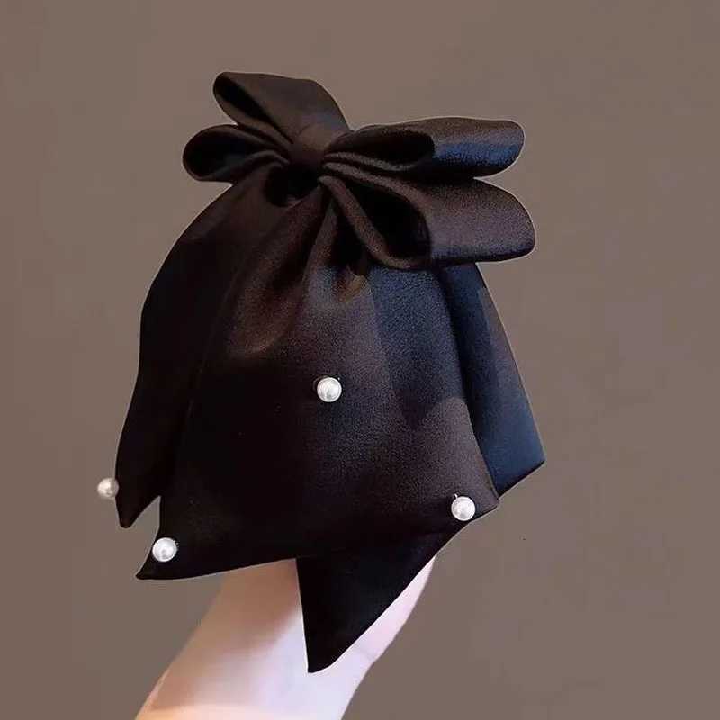 New Women Girls Sweet Pearl Satin Bowknot Hair Clip Simple Big Ribbon Bow Barrette Solid Color Scarf Hairpin Ponytail Clip Z250729