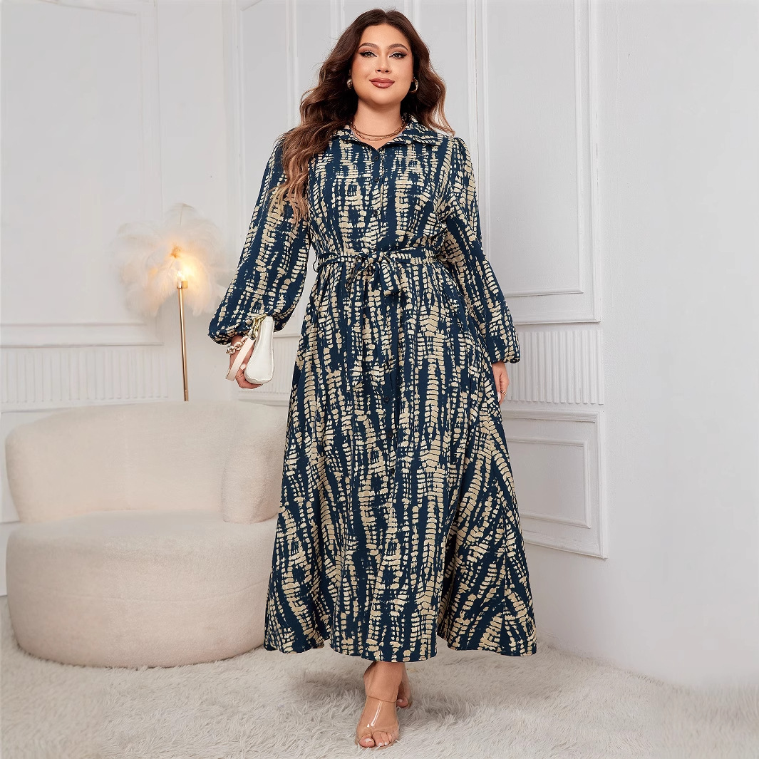 X728Plus size printed waist plus size dress European and American polo neck long sleeve dress