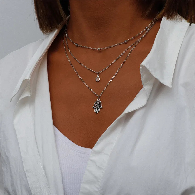 Vintage Multi Layered Portrait Coin Moon Hamsa Hand Chain Necklaces for Women Boho Elephant Hearts Pendants Necklaces Jewelry 250729