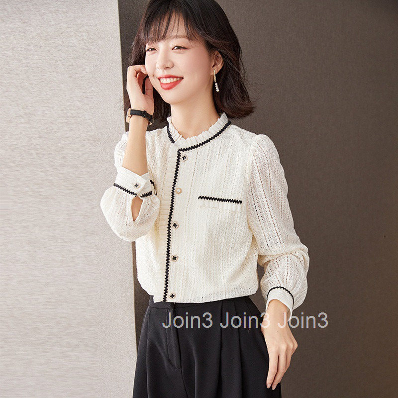 Spring and Autumn New Sweet Round Neck Lantern Long Sleeve Shirt for Women Plus Size Lace Blouse Niche Shirt Top