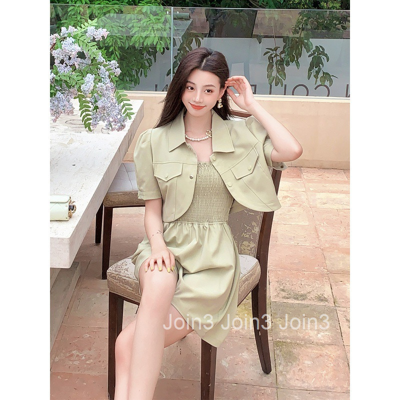 Summer New Short Sleeve Cardigan Top Small Jacket + Waist Slimming Strap Jumpsuit Two-Piece Set