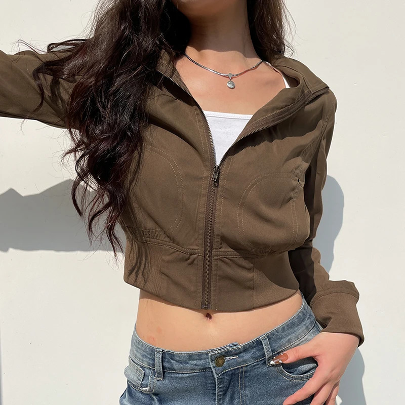 CIBBAR Brown Turtleneck Cargo Jackets Y2K Streetwear Pockets Patchwork Full Sleeve Women Crop Autumn Harajuku Outerwear 250729