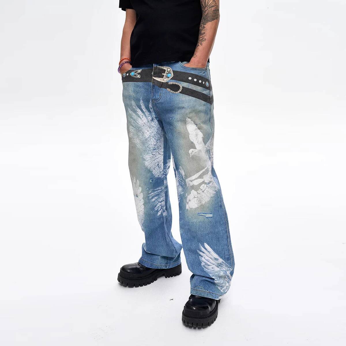 Dove Of Peace Spray Painting Graffiti Y2k American Vintage Streetwear Straight Pants Jeans Loose Casual Men Denim Trousers