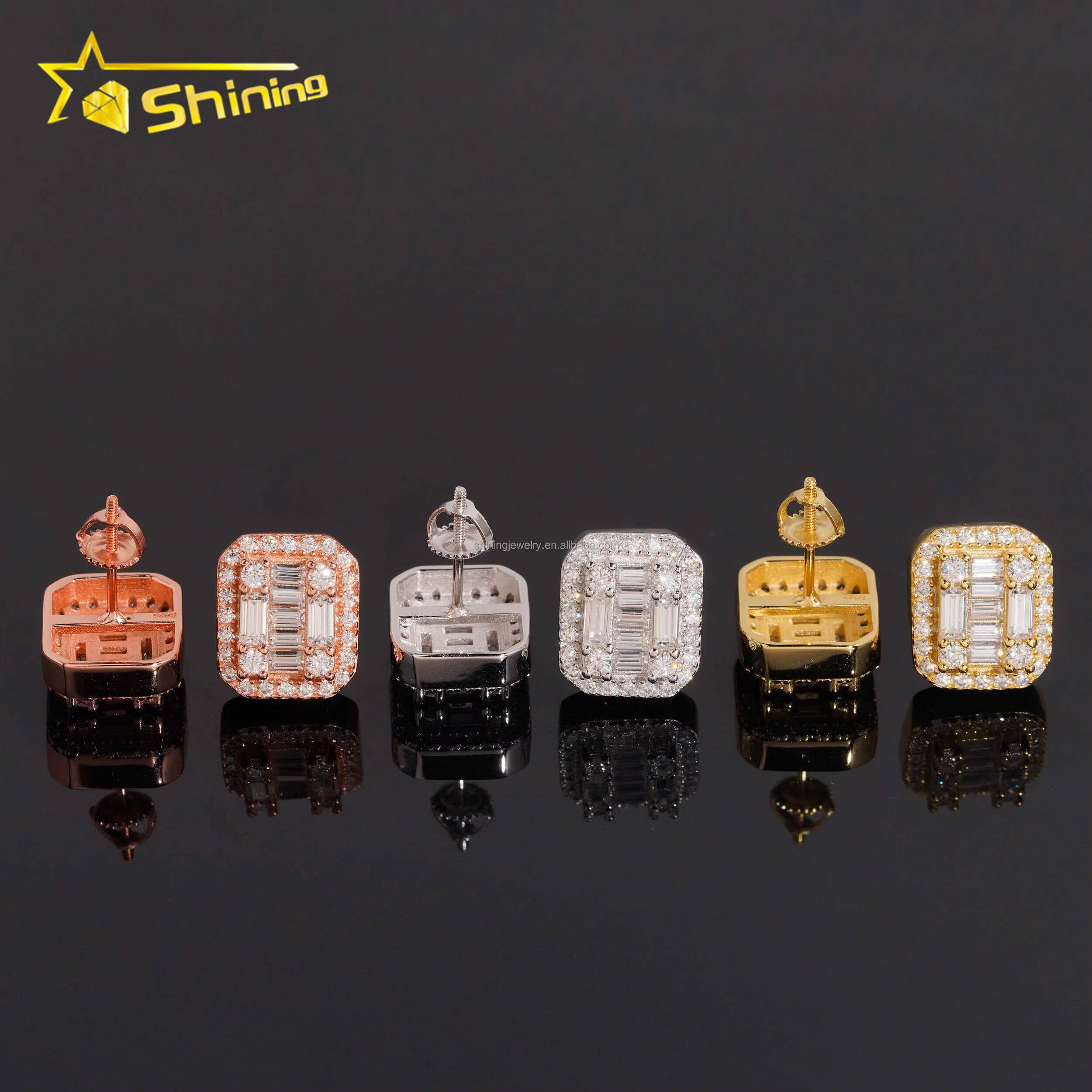 Unique Design Bulk Stock GRA Certificate Stud Earrings Baguette VVS Moissanite Diamond Iced Out 925 Silver Fashion Stud Earrings