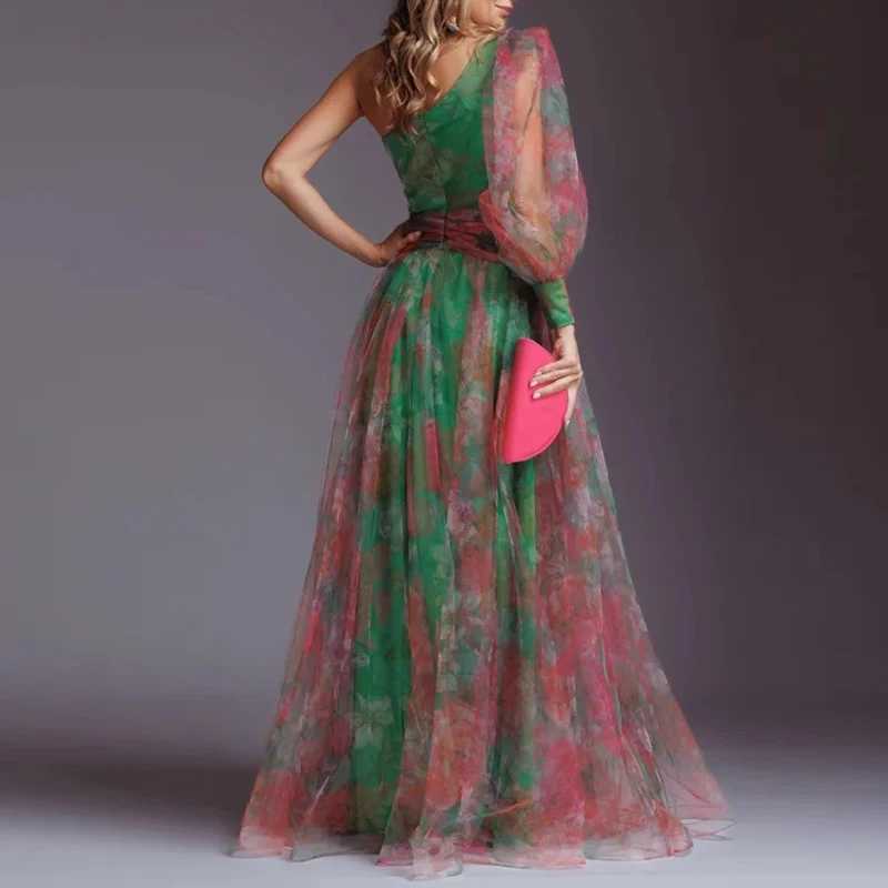 Elegant Slash Neck High Waist Gala Dress Fashion One Shoulder Long Sleeve Evening Dress Casual Graphic Mesh Party Dress for Women Z250728