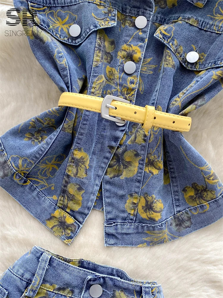 SINGREINY Vintage Print Denim Set Women Sleeveless Polo Neck Button Belt n TopsBodycon Skirt Streetwear Summer 2pcs Suits 250728