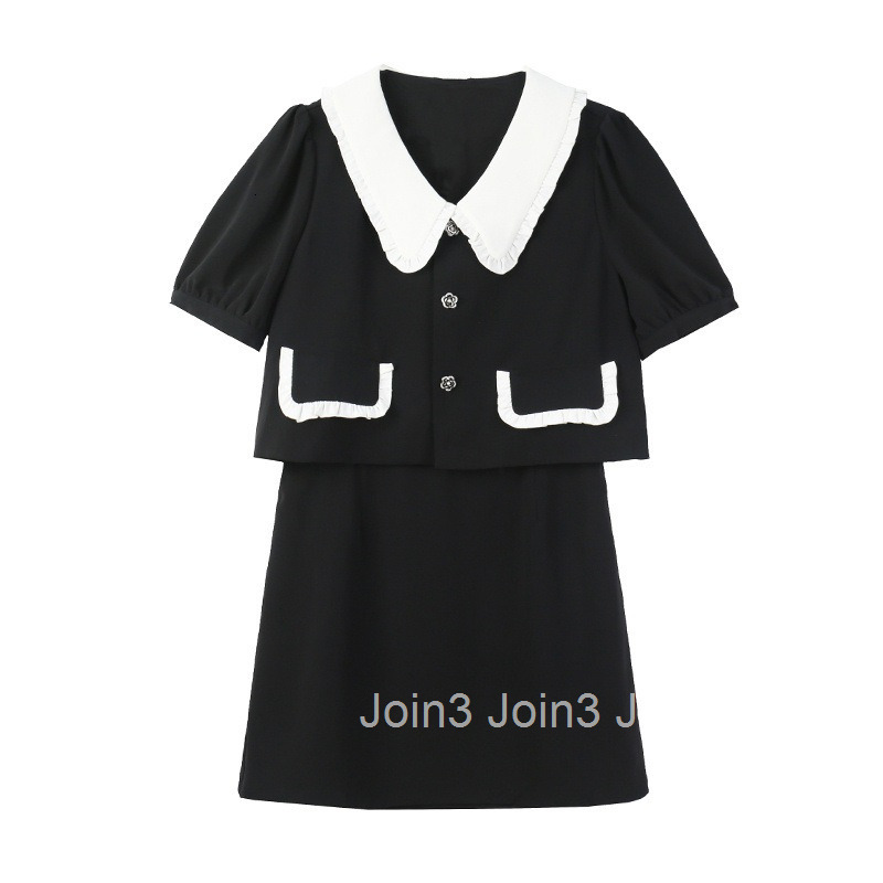 Summer New Style Socialite Plus Size Women Doll Collar Slimming Short Sleeve Top Shirt + Skirt Set