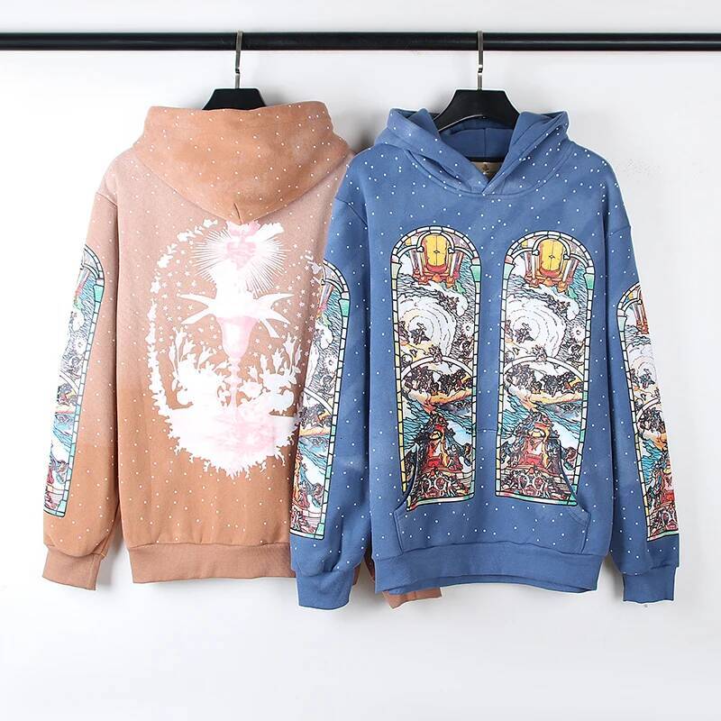 European And American Cartoon Print Plush Flannel Hoodies For Men Retro Distressed Graffiti Dyed Foam Printed Hoodie Y2k Vintage