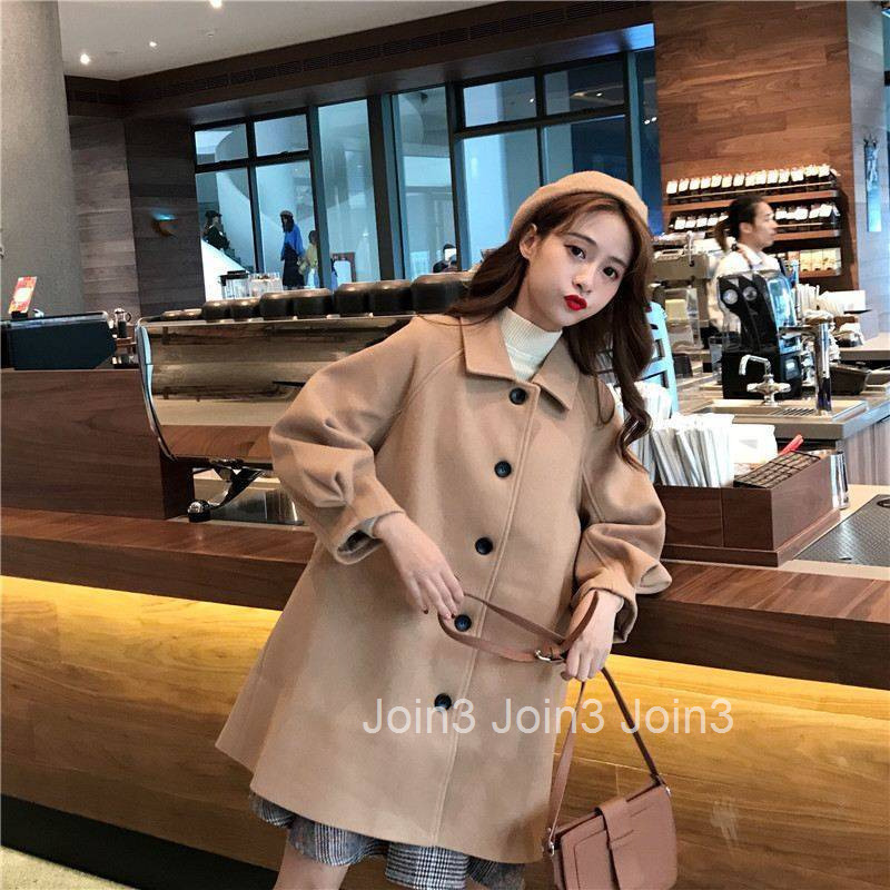 Autumn Winter New Style Lapel Single-Breasted Lantern Sleeve Wool Coat for Women Plus Size Korean Version Loose Woolen Coat for Women