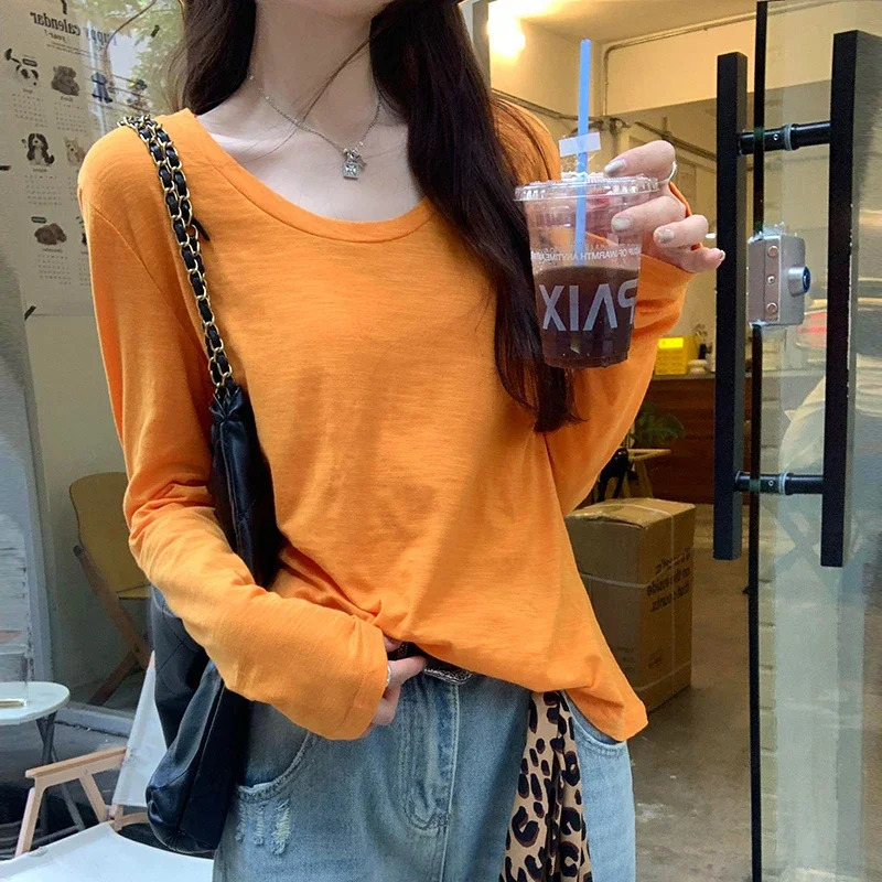 Womens Spring Summer 100% Cotton Basic Solid Long Sleeve Loose Tshirt Bottoming Tops Shirts 250729