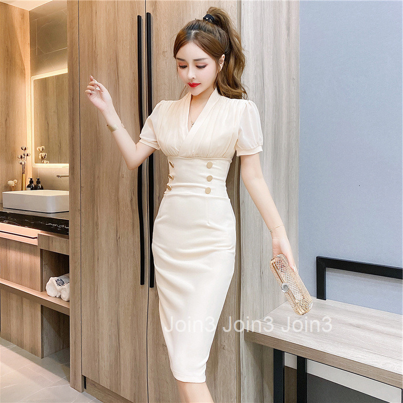 25 Summer New Fashionable Slim Chiffon Patchwork Double-Breasted V-Neck Short Sleeve Bodycon Dress Mid-Length Skirt
