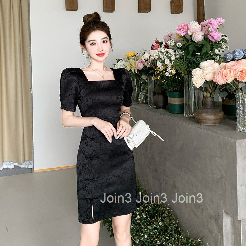 Summer New Womens Socialite Square Neck Waist-Cinching Slimming Elegant Bodycon Short Dress Short Sleeve Sexy Dress