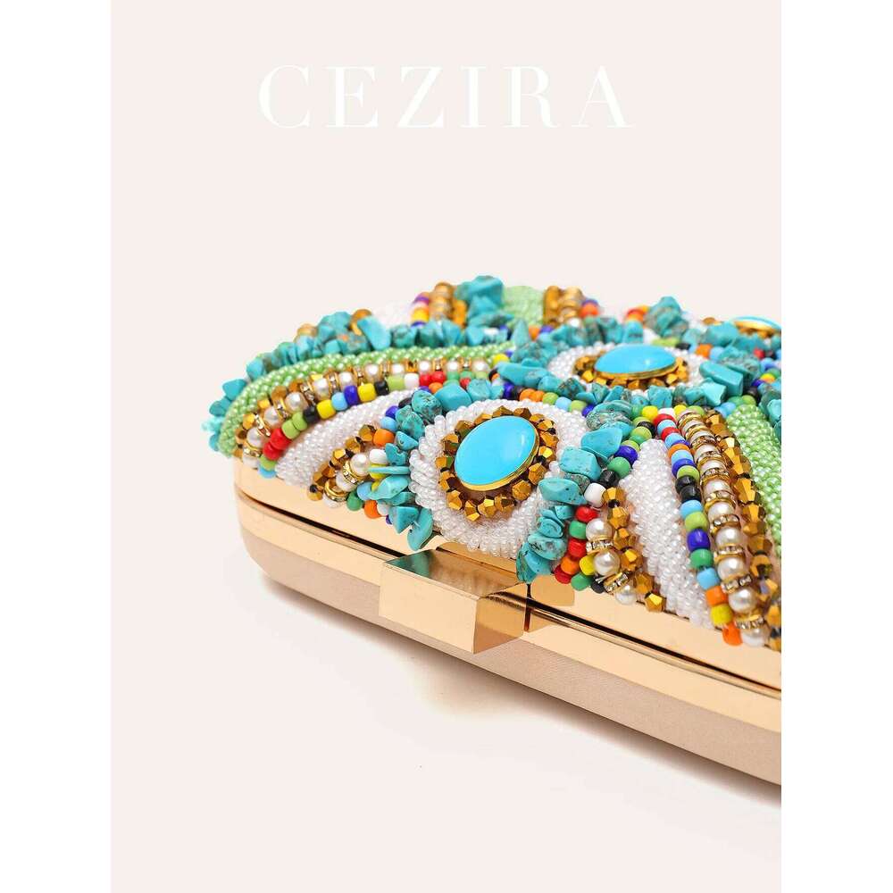 Women's Glamorous Colorful Beads Pearls Clutch Metal Frame Case Evening Bag Long Chain Purse Party Holiday Travel Tribal