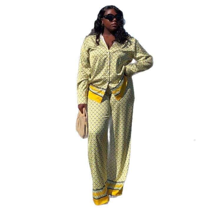 Women's Long Sleeve Cardigan Shirt Wide Leg Pants Printed Plus Size Casual Stylish Versatile Two-Piece Set B5
