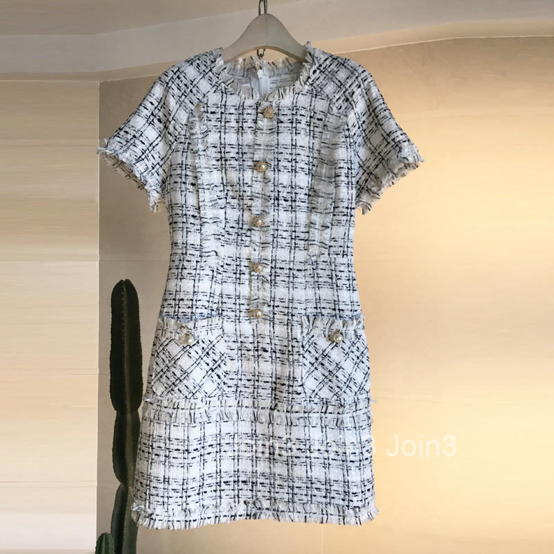 25 Summer New French Style Elegant Round Neck Plaid Wool Bodycon Short Dress Slim Fit Short Sleeve Dress