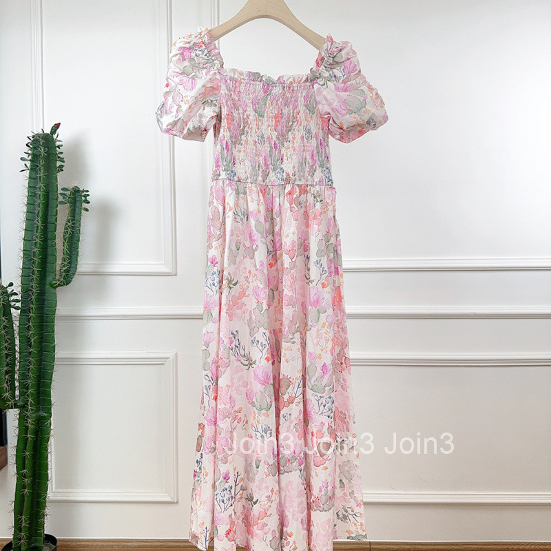 2025 Summer New French Elegant Sweet Square Neck Puff Short Sleeve Printed Dress Waist-Cinching Dress Pleated Long Dress