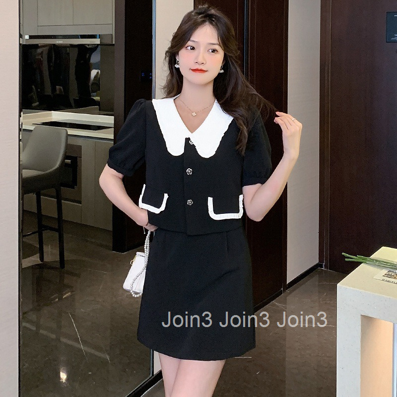 Summer New Style Socialite Plus Size Women Doll Collar Slimming Short Sleeve Top Shirt + Skirt Set
