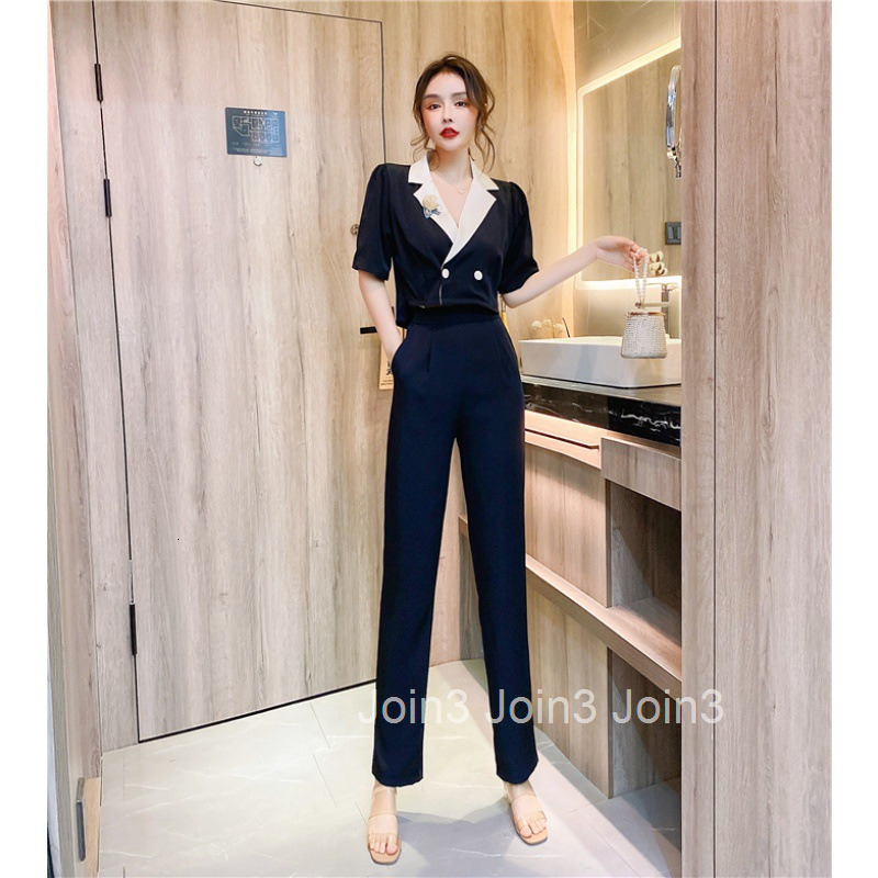 Summer New Trendy Double-Breasted Two-Way Color-Block Mid-Sleeve Top Jumpsuit Long Pants Set for Women