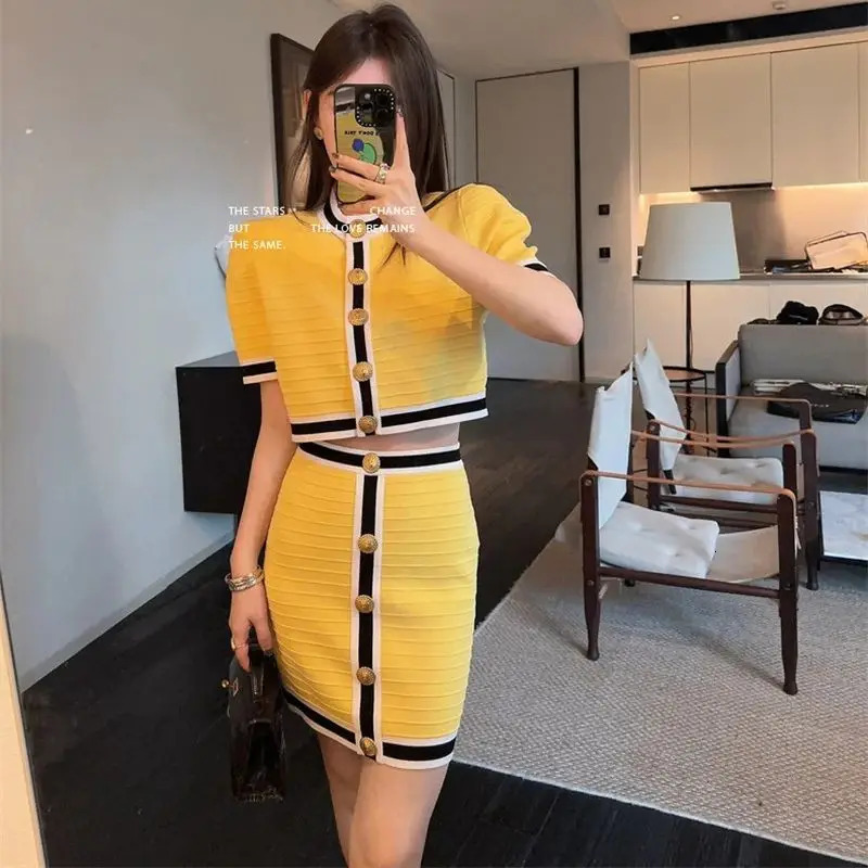 Summer Elegant Party Suit Short Sleeves Knitted Cardigan Top Slim High Waist Skirt y Women Outfits 2Piece Set K597 250729