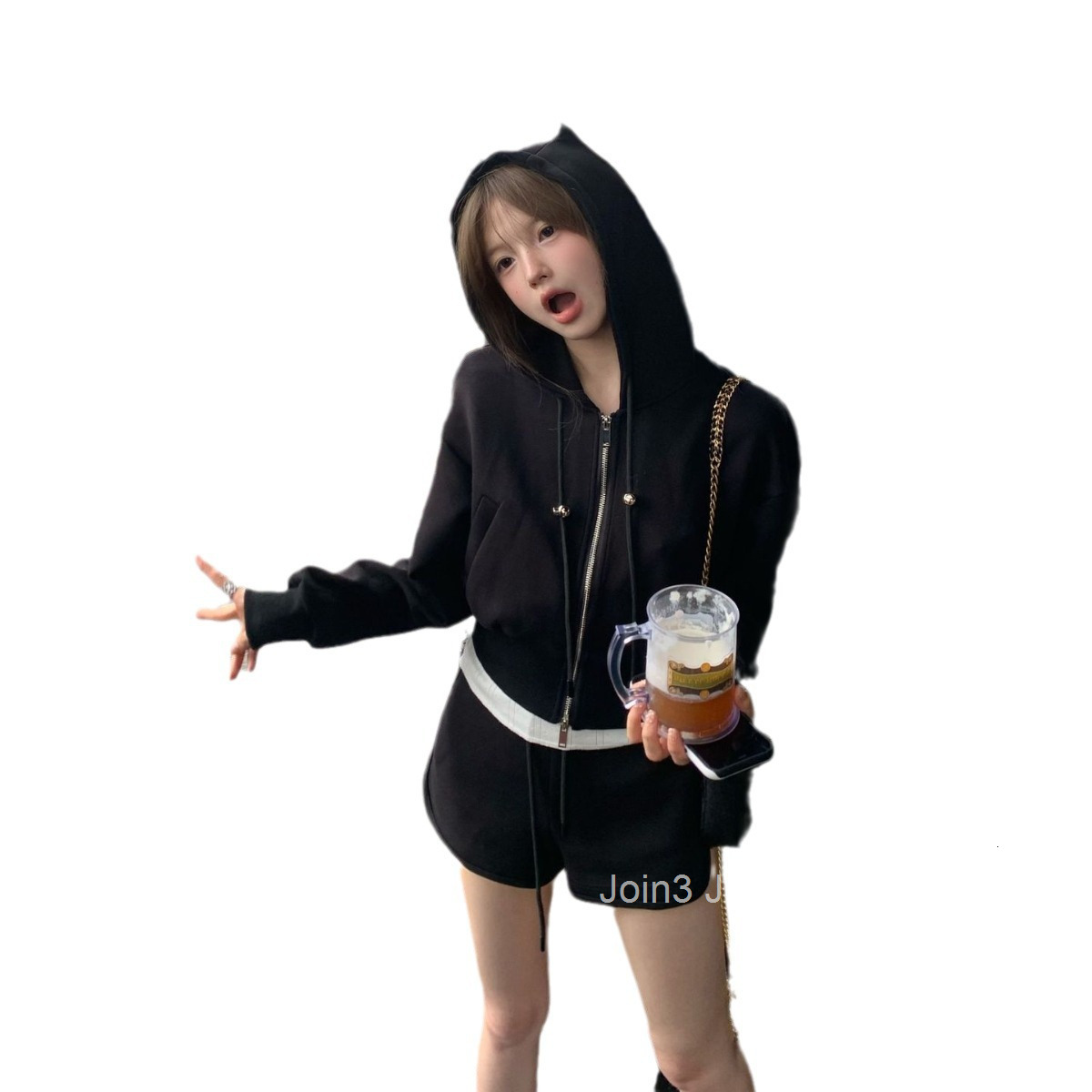 Autumn New Casual Niche Hooded Jacket Short Top + Elastic Waist Shorts Two-Piece Set for Women