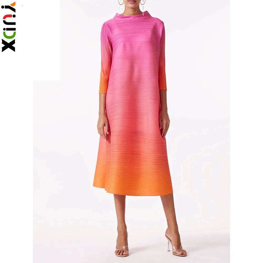 Miyake Elegant Gradient Pleated Dress Turtleneck Full Sleeves Pink Orange Fashion Mid-Calf Dresses For Women New