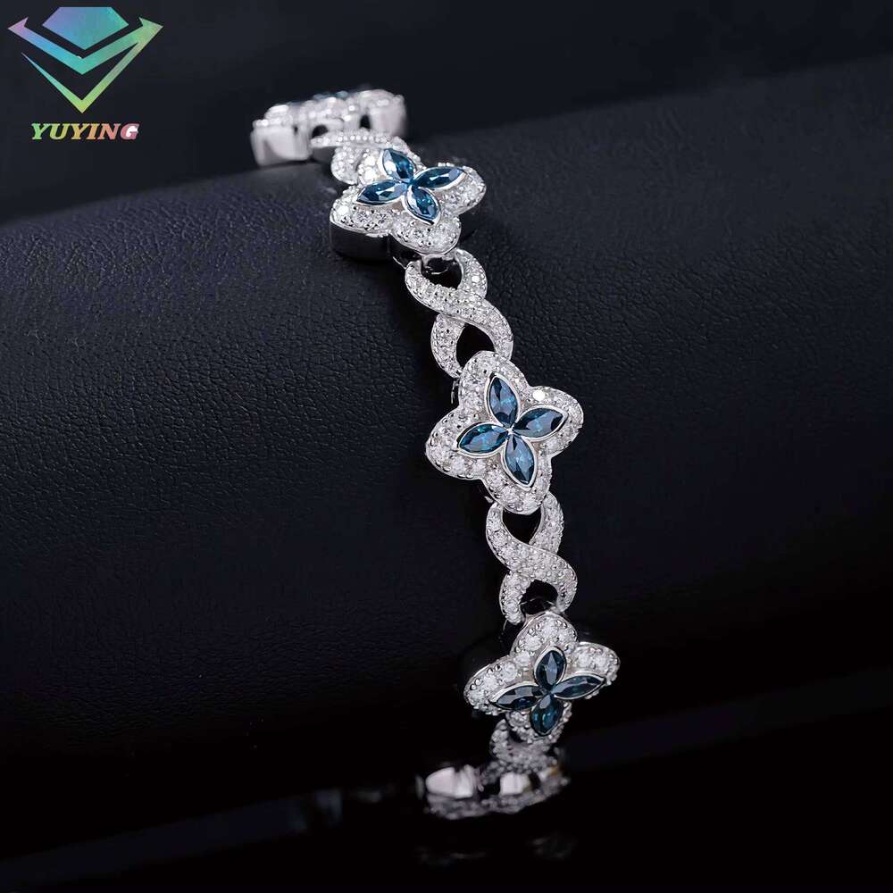Fashion Gold Plated S Sterling Sier Clover Blue Pink Green Dia Cuban Moissanite Bracelet with GRA Certificate