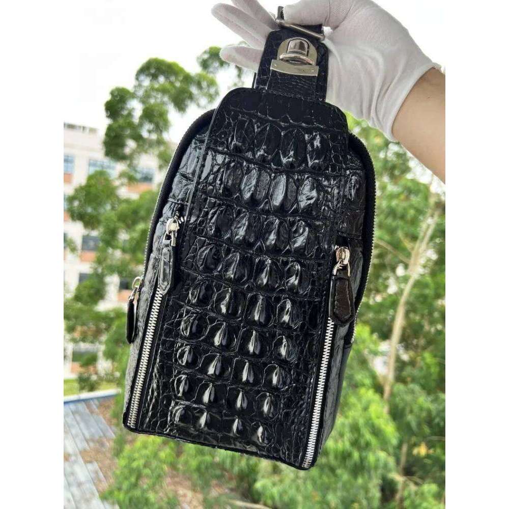 Mens Genuine Leather High Quality Crocodile Skin Casual Motorcycle Chest Bag Hasp Zipper Single Shoulder Crossbody Bags Male